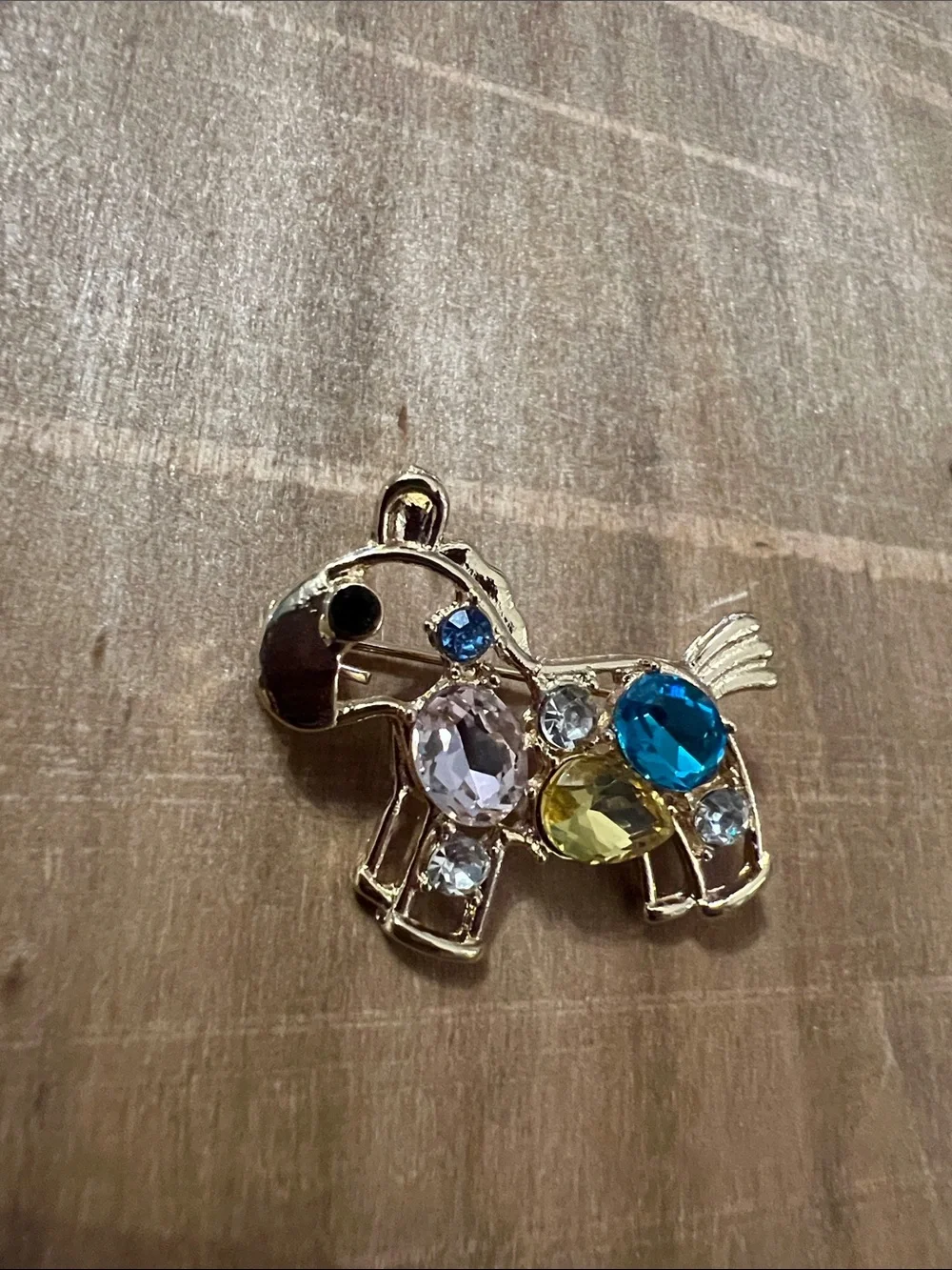 3/$18 Kids Crystal Horse Brooch - Gold with Blue, Yellow & Pink Gems Lot 509